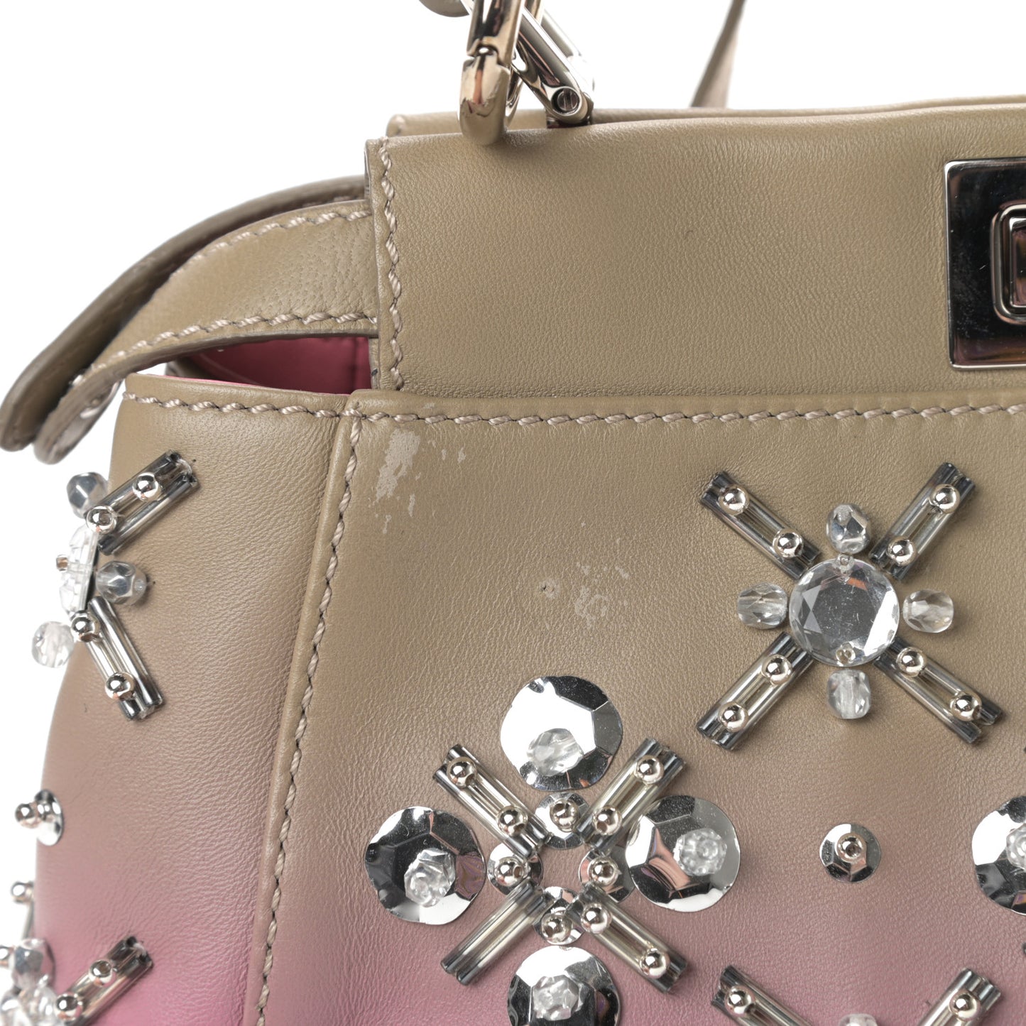 Nappa Crystal Beaded Ombre Mini Peekaboo Iconic Satchel Pink Beige
