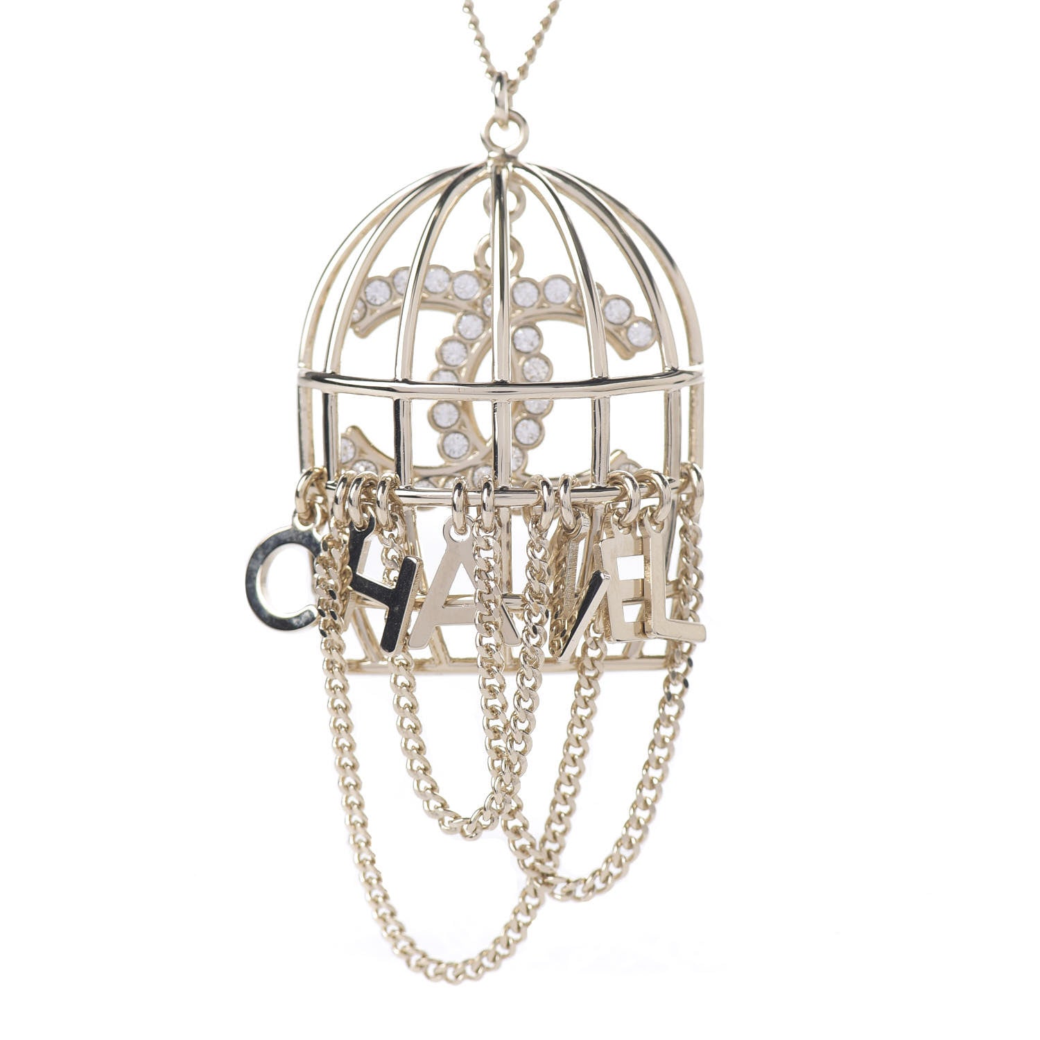 Chanel Metal Crystal Logo Bird Cage Necklace Gold 3 of 4