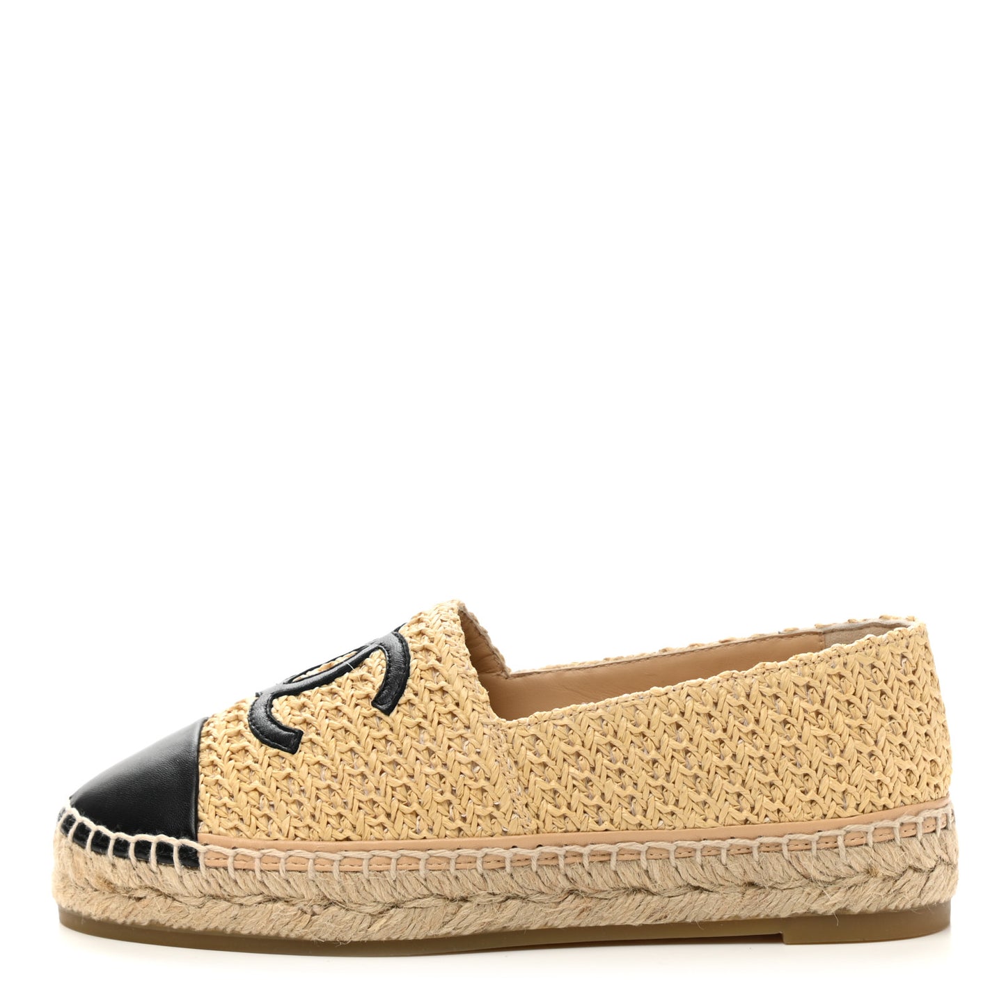 Braided Fabric Lambskin CC Espadrilles 37 Beige Black