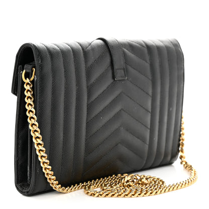 Saint Laurent Grain De Poudre Mixed Matelasse Triquilt Monogram Chain Wallet Black 3 of 16