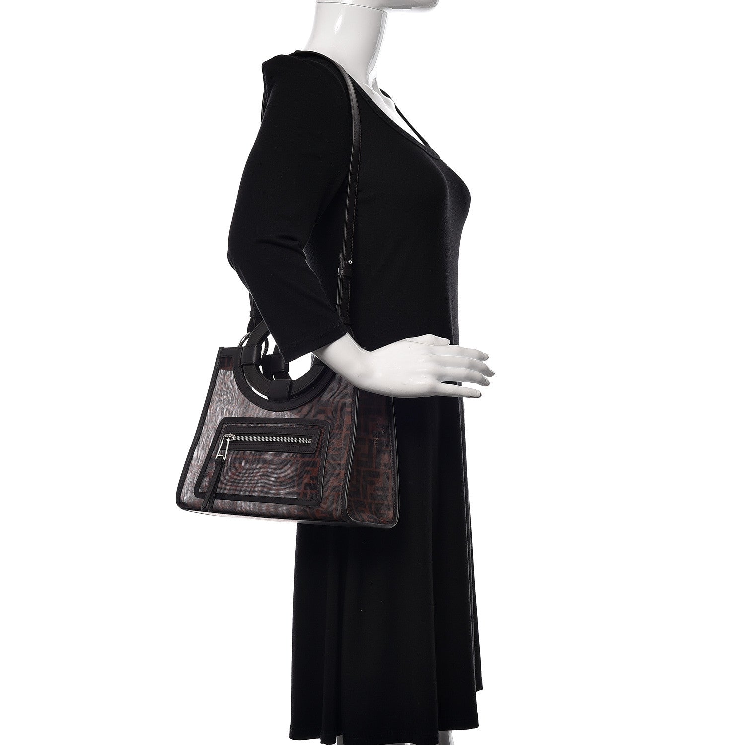 Fendi Mesh Vitello Century Cuoio FF 1974 Small Runaway Shopper Tote Marrone Black Ebano 2 of 10