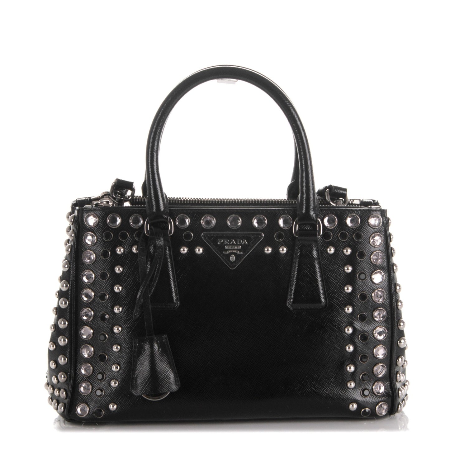 Saffiano Vernice Crystal Small Galleria Double Zip Tote Black
