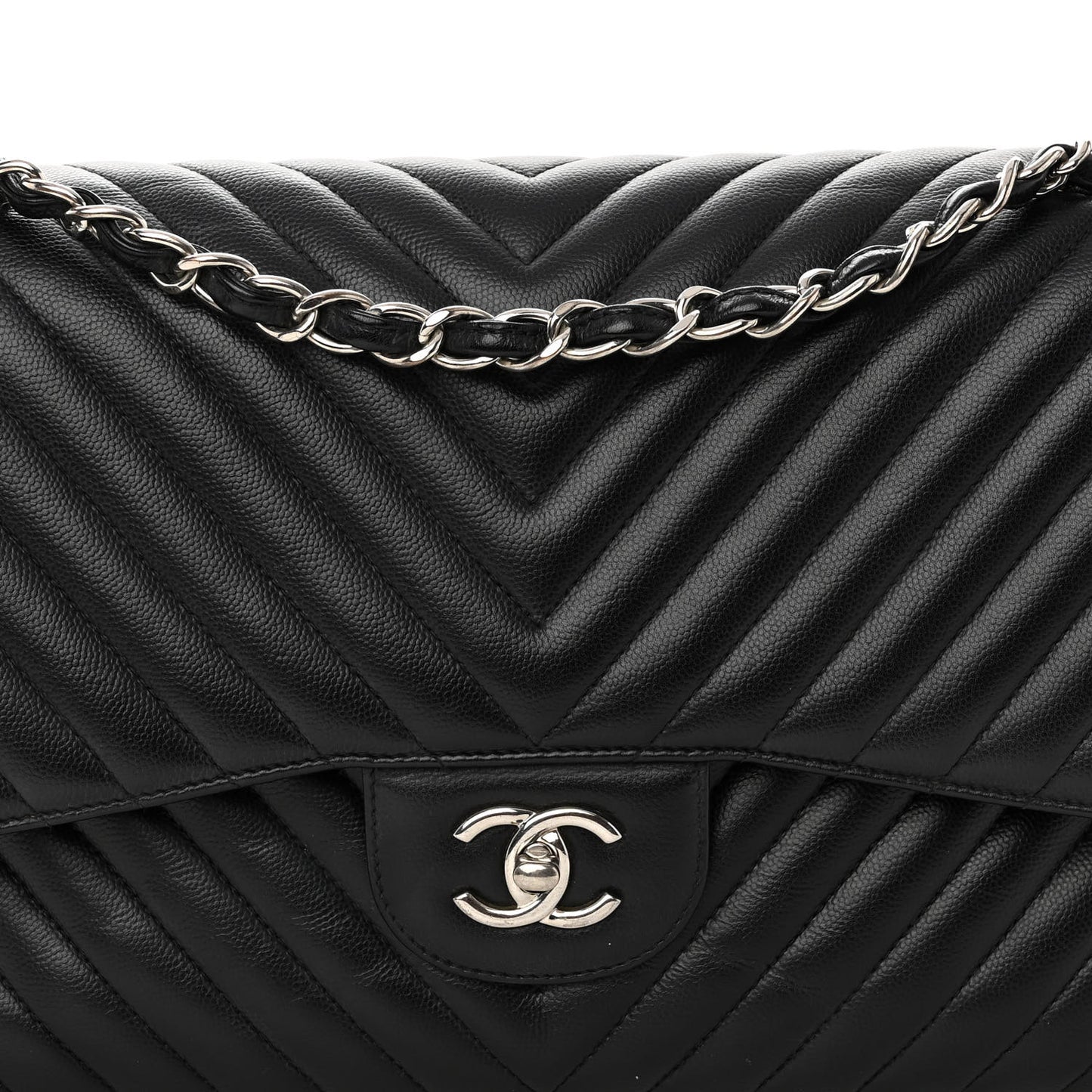 Iridescent Caviar Chevron Quilted Jumbo Double Flap Black