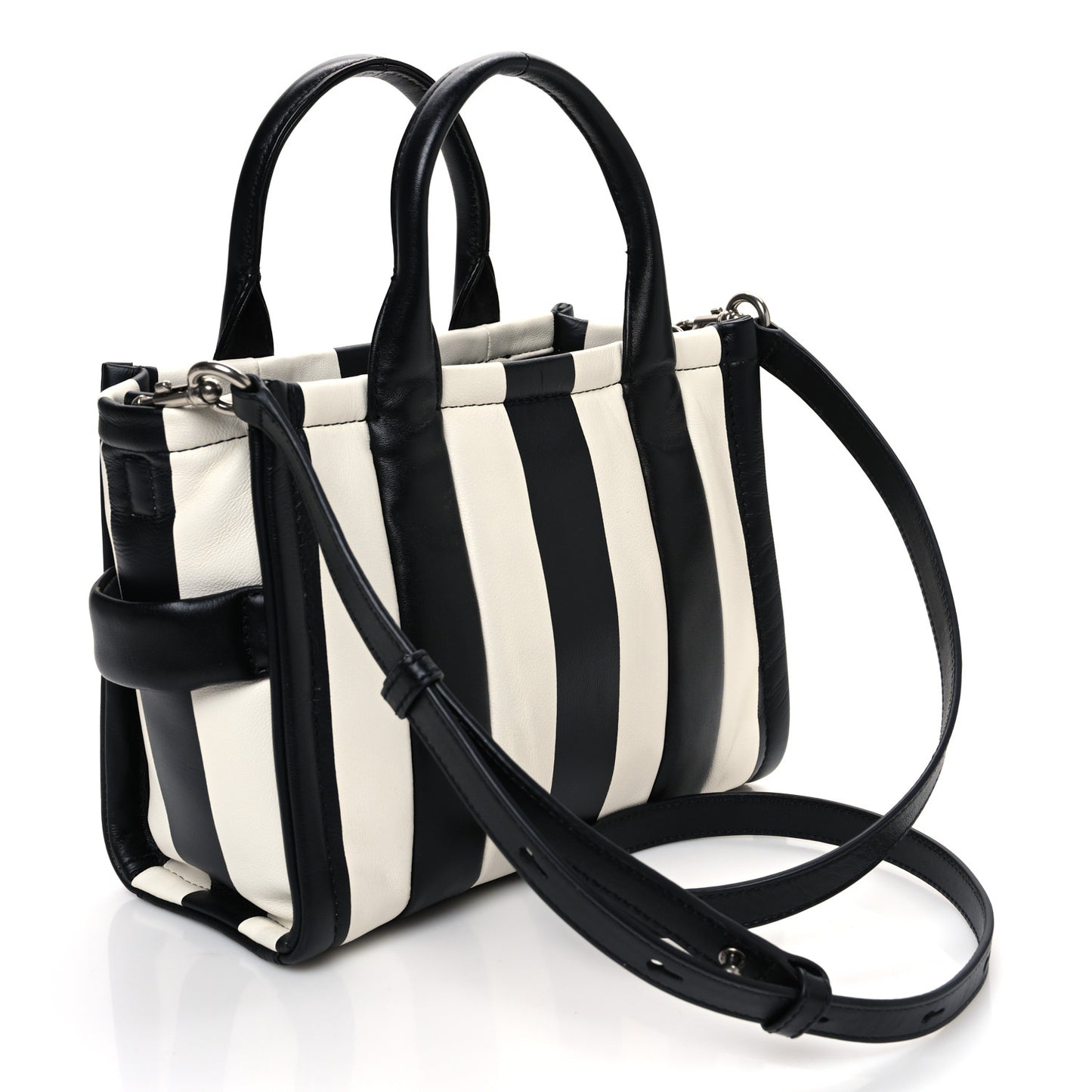 Calfskin Striped Small The Traveler Tote Bag Black White