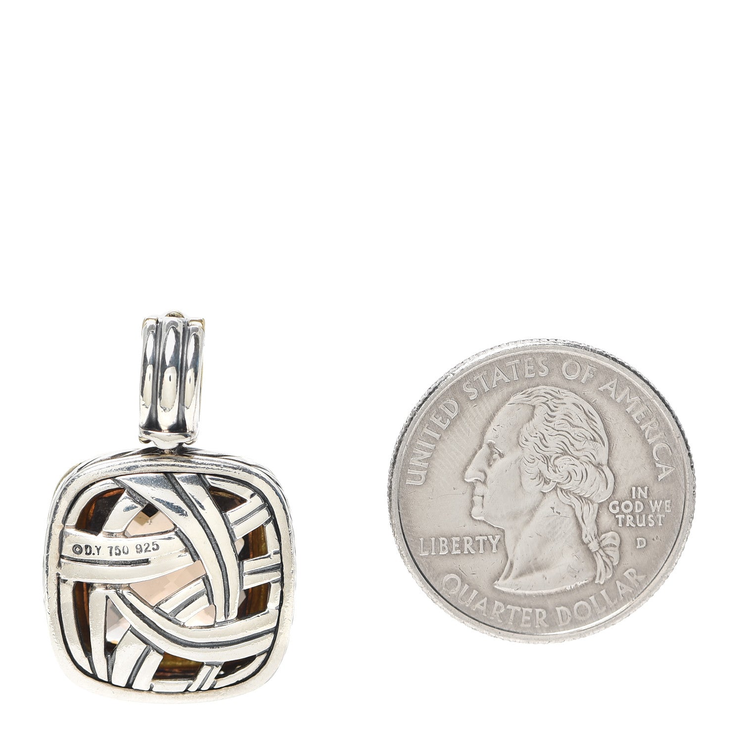 David Yurman Sterling Silver 18K Yellow Gold Diamond Smoky Quartz 14mm Albion Enhancer Pendant 2 of 2