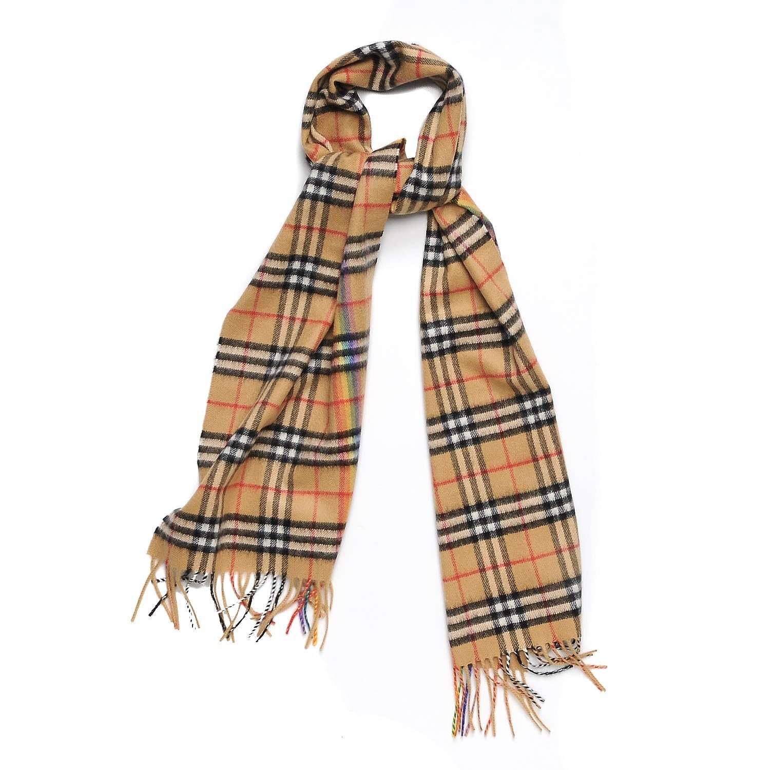Burberry Cashmere Vintage Rainbow Check Fringe Scarf Antique Yellow 1 of 5