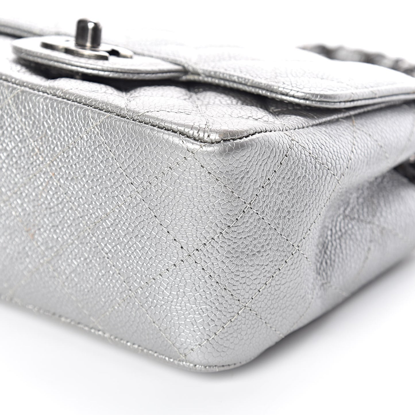 Metallic Caviar Quilted Mini Square Flap Silver