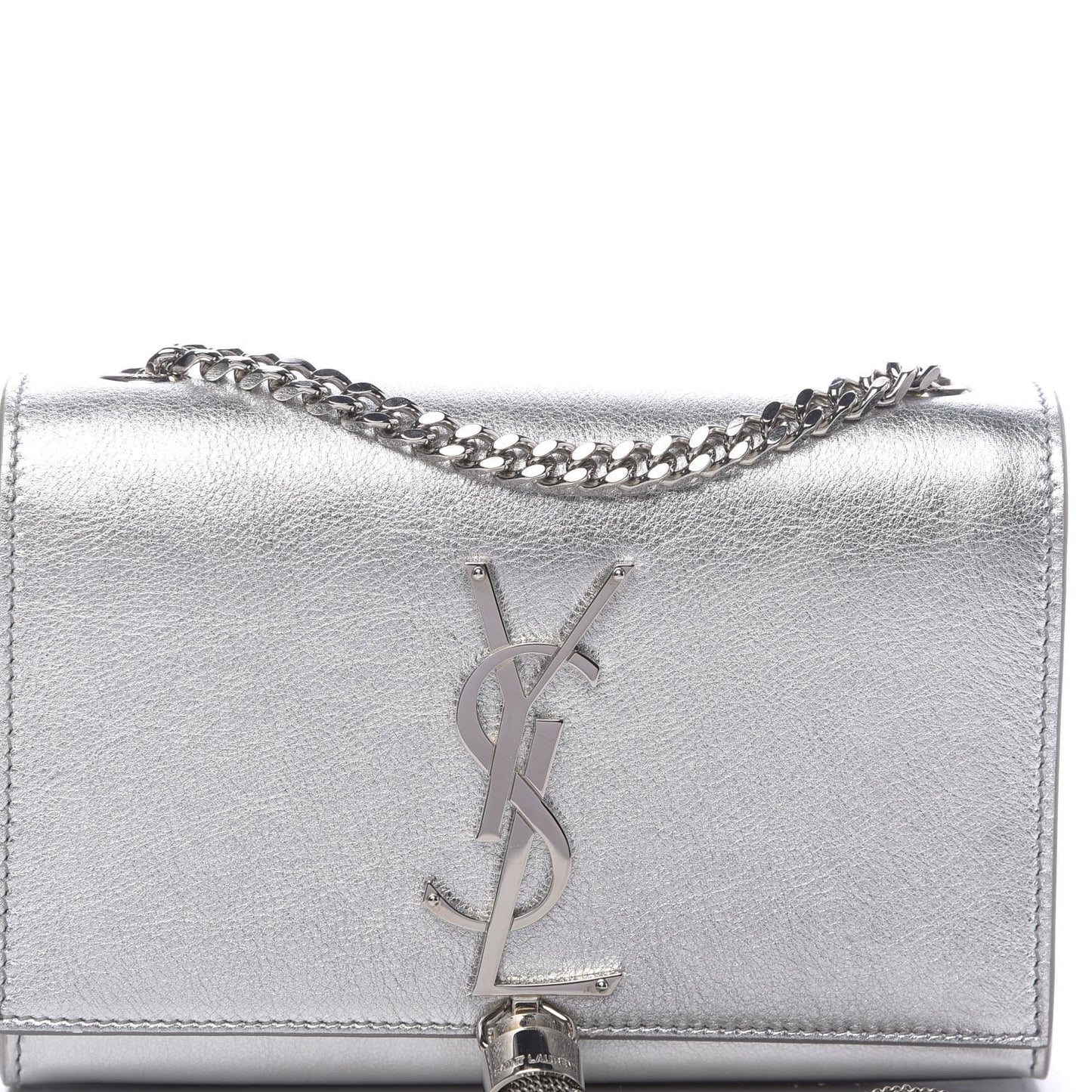 Metallic Calfskin Small Classic Monogram Kate Tassel Satchel Silver