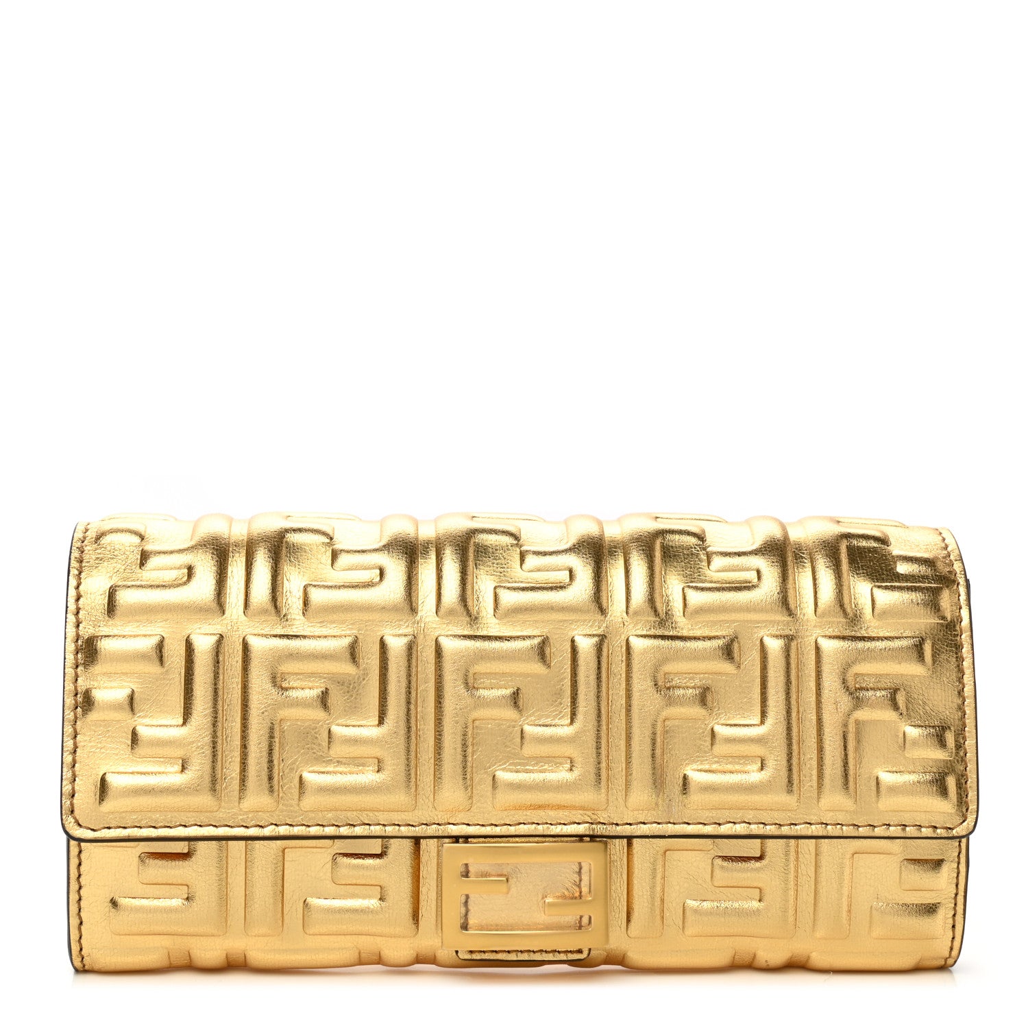 Fendi Vitello Catalan Mirror FF 1974 Embossed Continental Wallet Gold 1 of 7