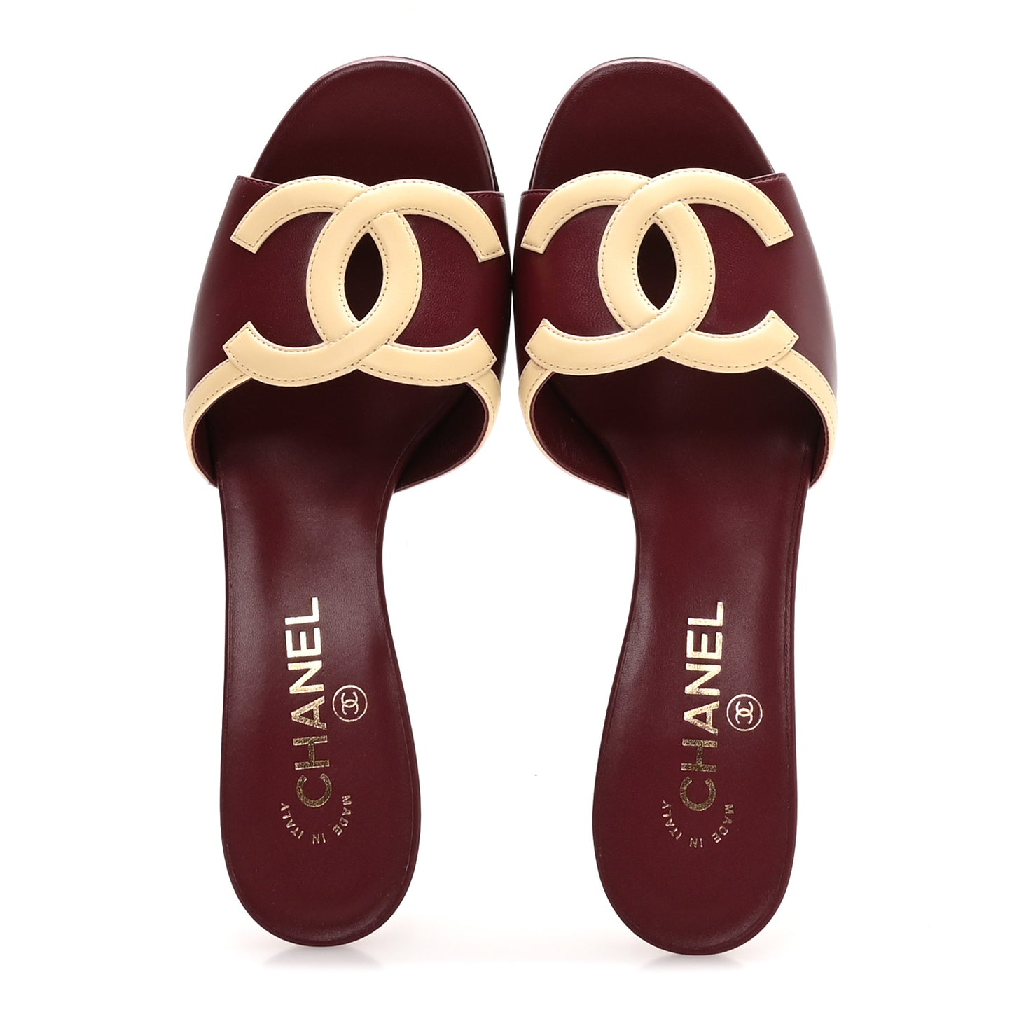 Lambskin CC Cutout Mules 38.5 Burgundy Beige