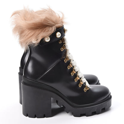 Gucci Magnum Calfskin Fur Pearl Lace Up Combat Ankle Boots 37 Black Naturale 4 of 9