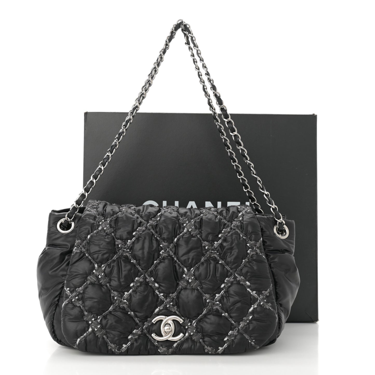 Nylon Quilted Tweed Stitch Bubble Accordion Flap Black