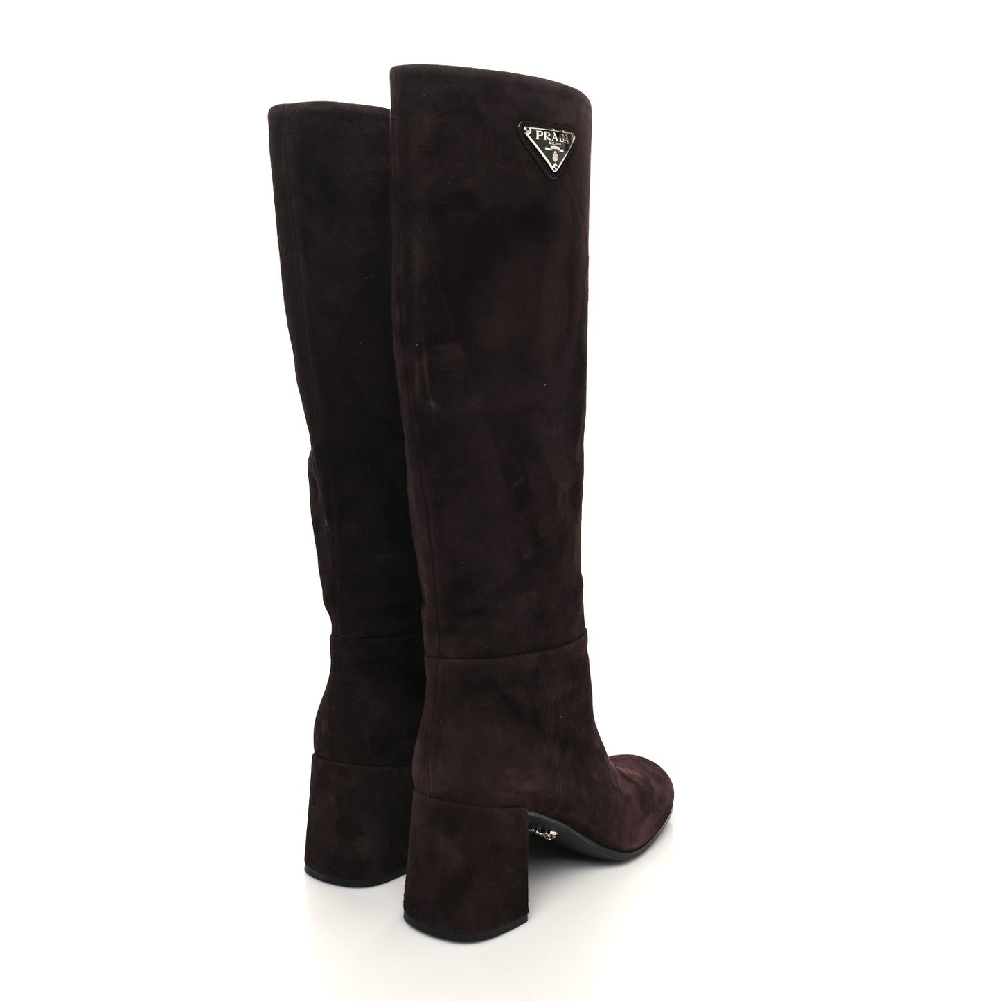 Suede Metal Triangle Logo Block Heel 65mm Knee Boots 39.5 Brown