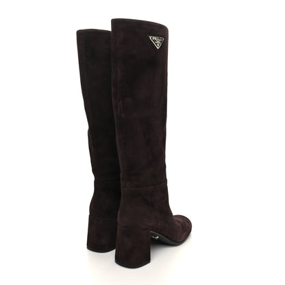Prada Suede Metal Triangle Logo Block Heel 65mm Knee Boots 39.5 Brown 4 of 7
