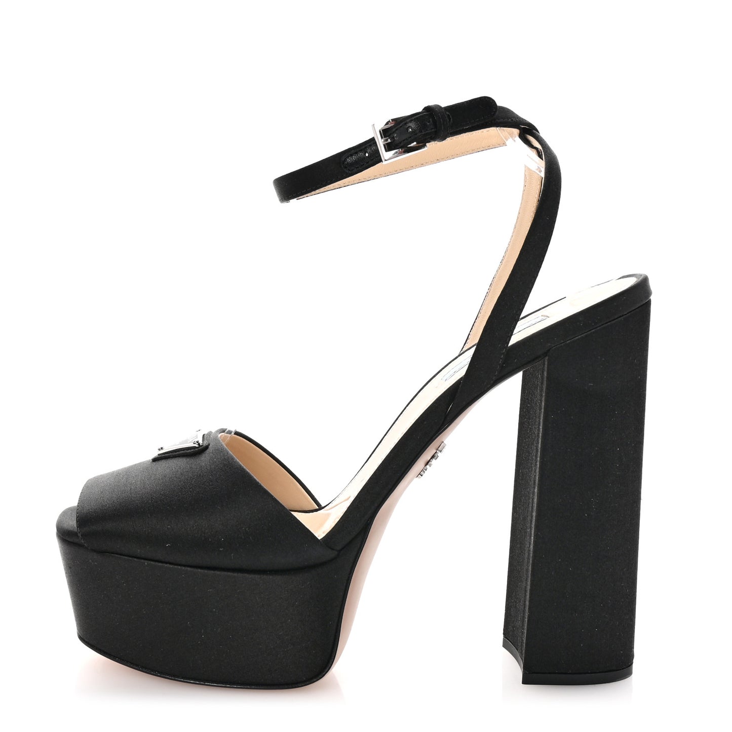 Satin Metal Triangle Logo Ankle Strap 40/135mm Platform Sandals 39 Black