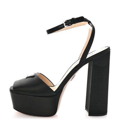 Prada Satin Metal Triangle Logo Ankle Strap 40/135mm Platform Sandals 39 Black 1 of 9