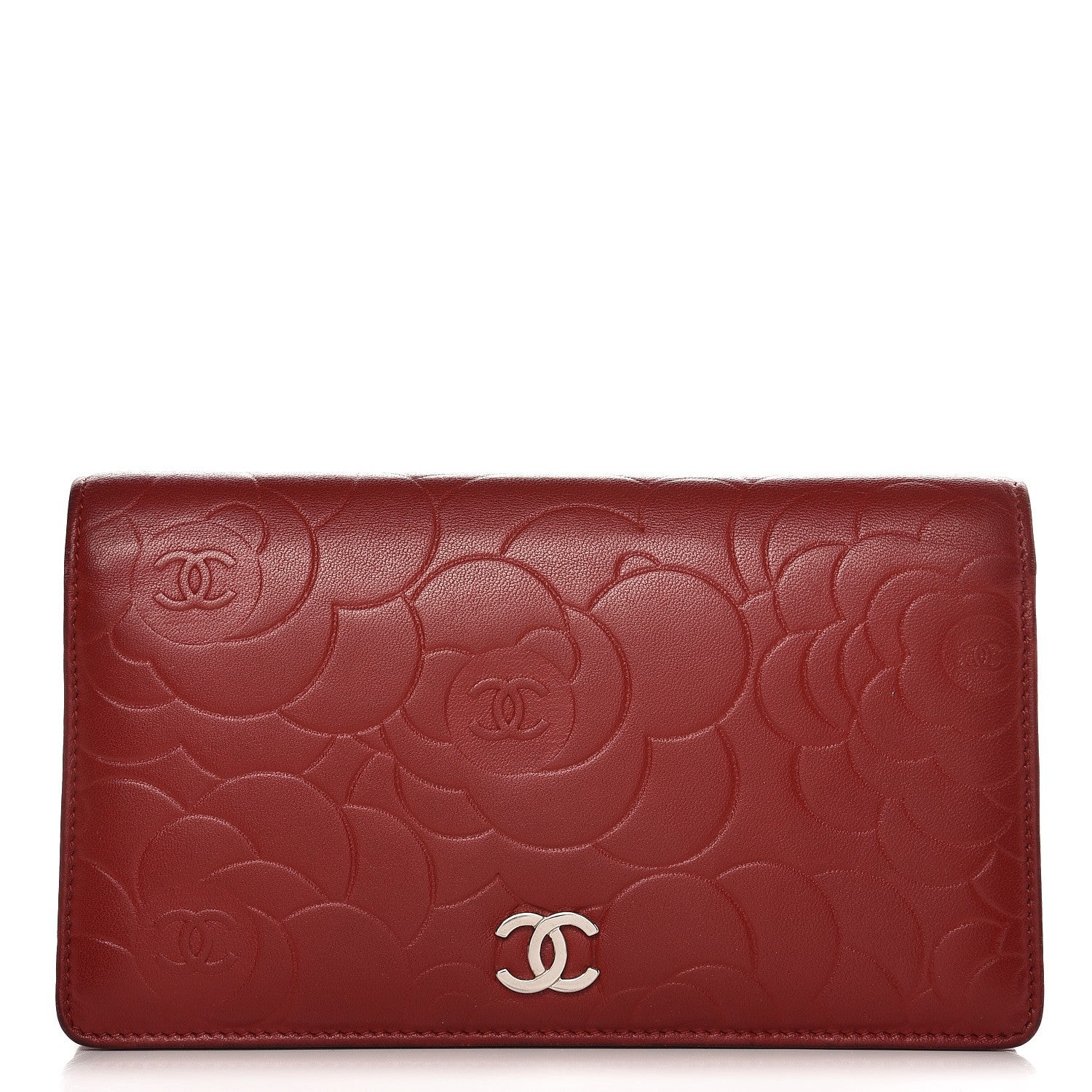 Chanel Lambskin Camellia Embossed Yen Wallet Dark Red 1 of 11
