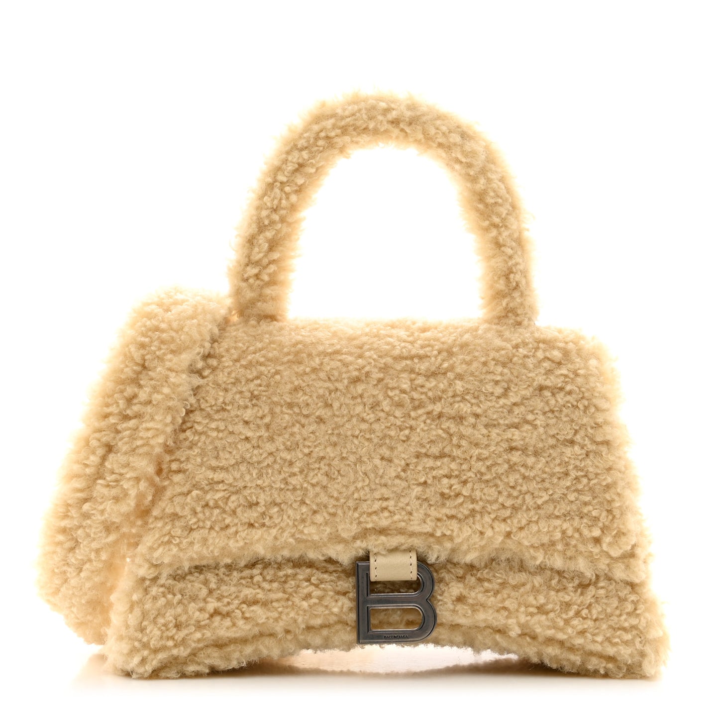 Curly Faux Shearling Small Hourglass Top Handle Bag Beige