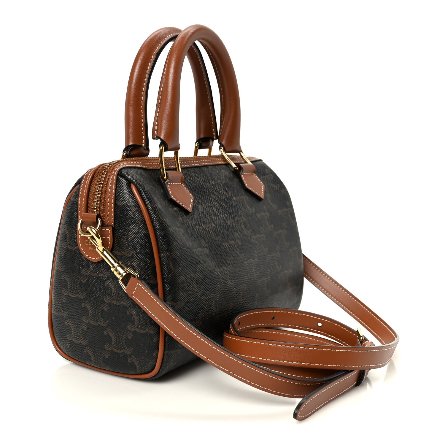 Celine Triomphe Canvas Calfskin Small Boston Bag Tan 3 of 11