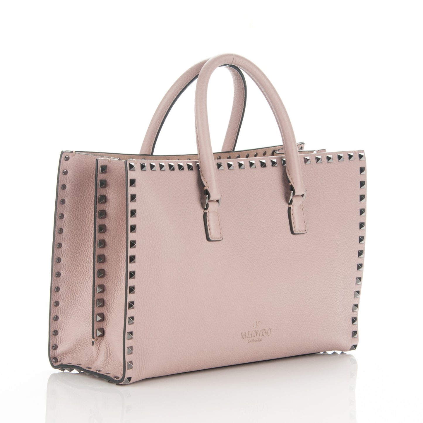 Grained Calfskin Medium Rockstud Double Handle Horizontal Tote Poudre