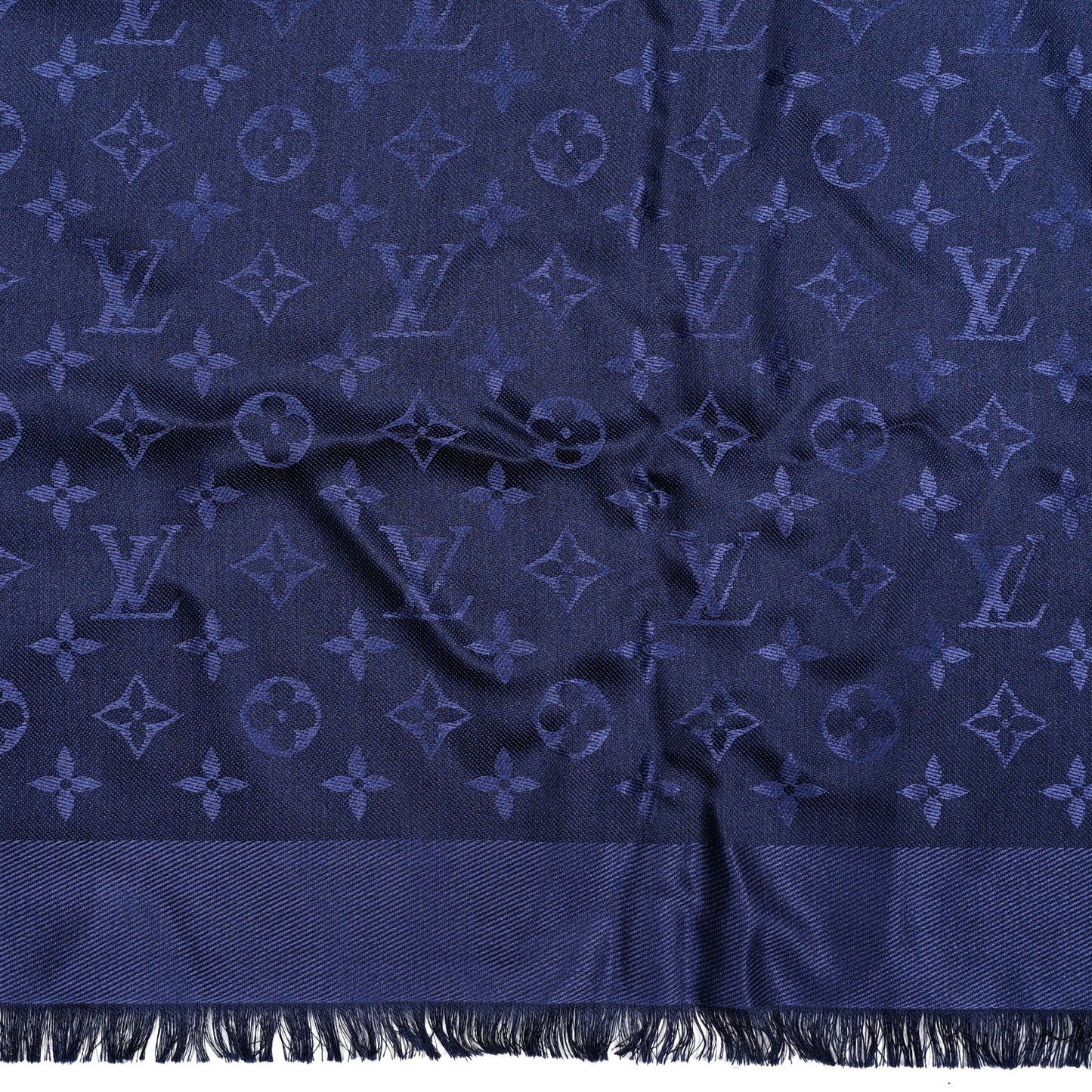 Silk Wool Monogram Shawl Night Blue