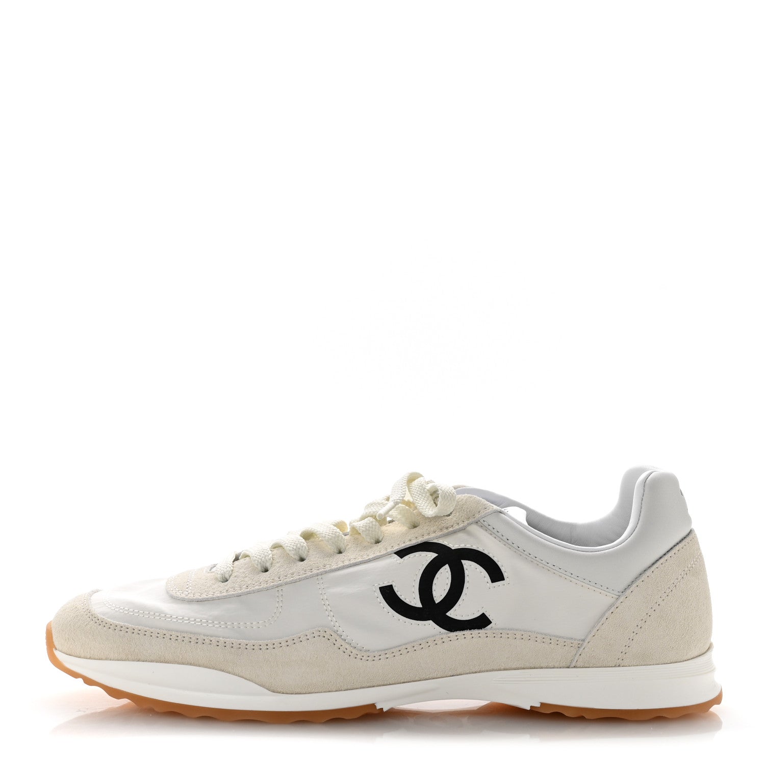 Chanel Fabric Embossed Suede Calfskin Womens CC Sneakers 38.5 White Black 1 of 10