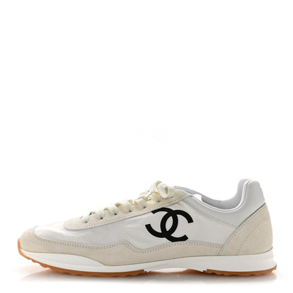Chanel Fabric Embossed Suede Calfskin Womens CC Sneakers 38.5 White Black 1 of 10