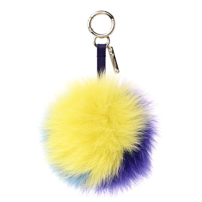 Fendi Fox Fur Vitello Elite Tri-Color Pom Pom Bag Charm Giallo Fluo Nebula Viola 1 of 5