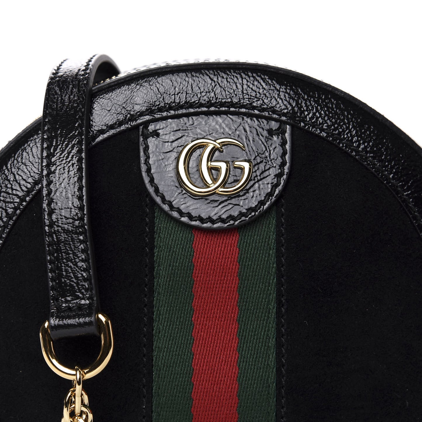 Suede Patent Web Mini Ophidia Round Shoulder Bag Black