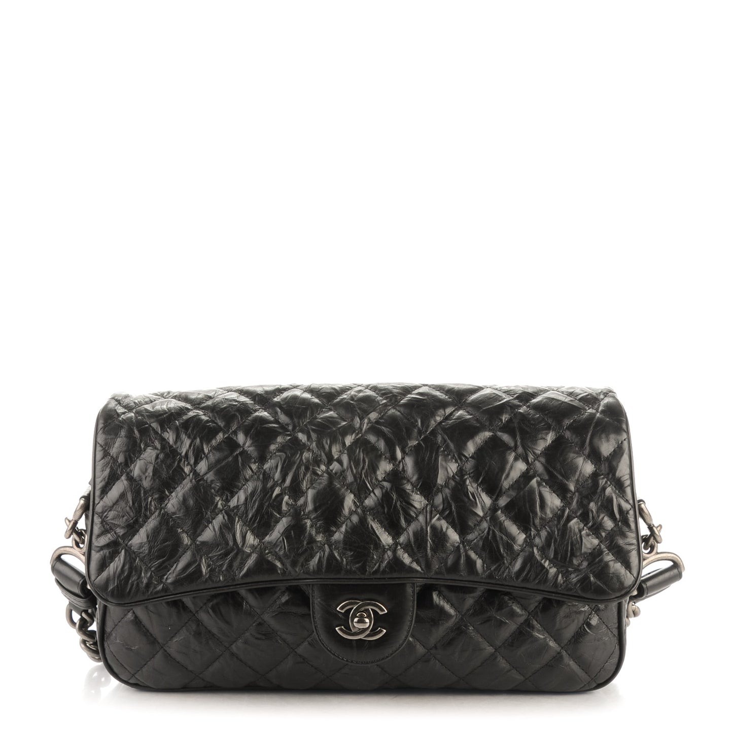 Crumpled Calfskin Quilted Medium Casual Rock Flap Black