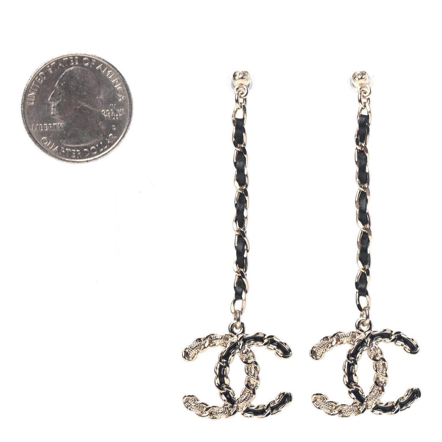 Lambskin Enamel Metal Chain French New Wave CC Drop Earrings Black Gold