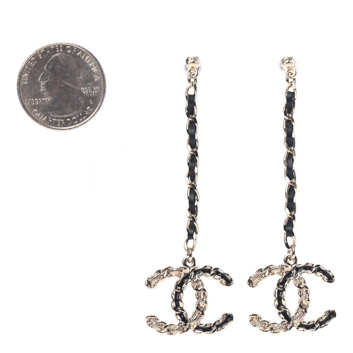 Chanel Lambskin Enamel Metal Chain French New Wave CC Drop Earrings Black Gold 2 of 3
