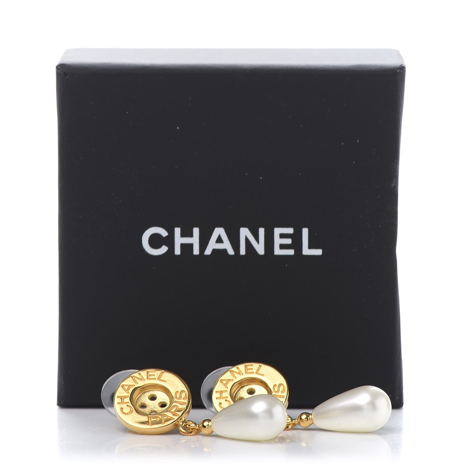 Chanel Metal Pearl Paris Button Drop Earrings Gold 5 of 5