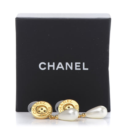 Chanel Metal Pearl Paris Button Drop Earrings Gold 5 of 5