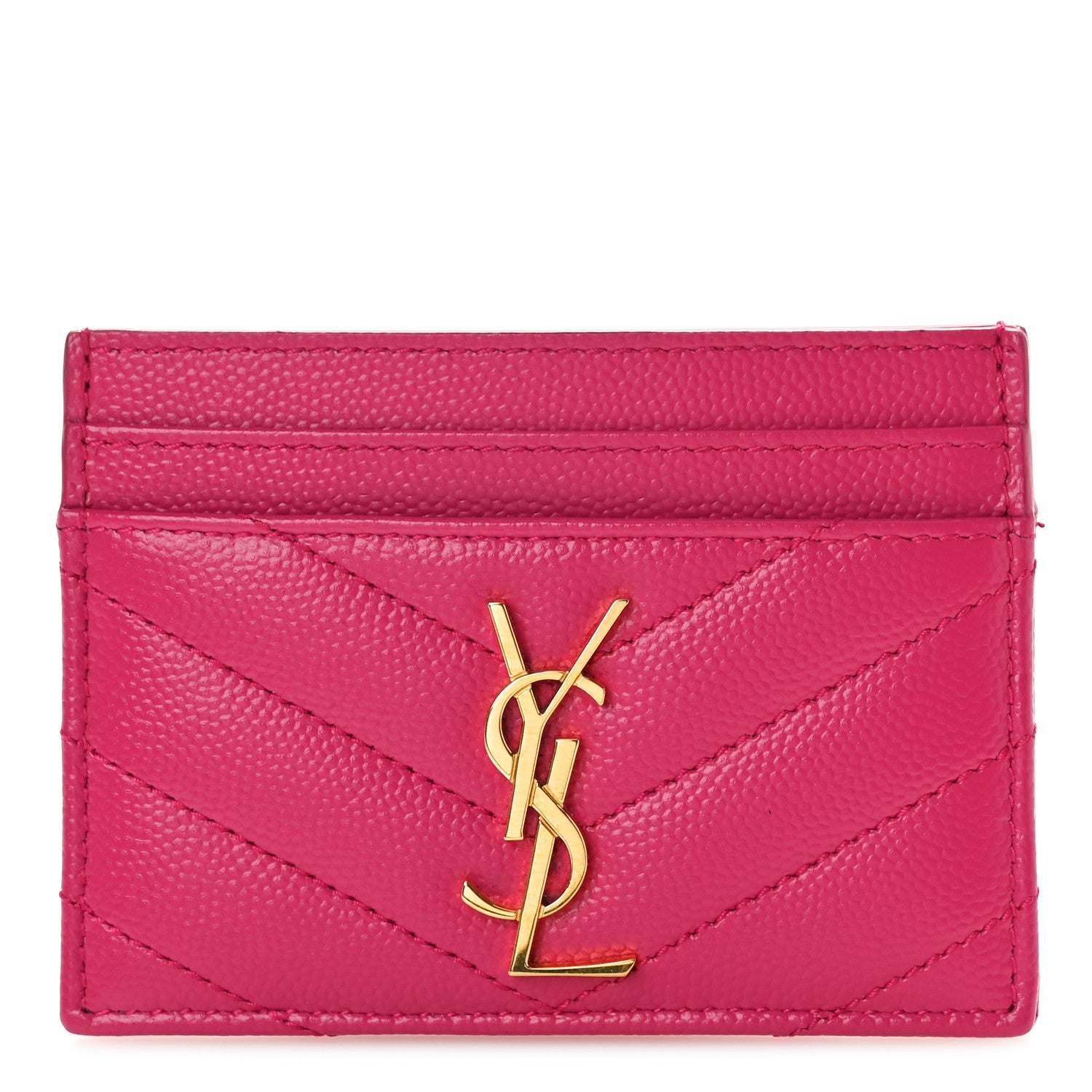 Saint Laurent Grain De Poudre Matelasse Chevron Monogram Credit Card Case Fresh Fuxia 1 of 8