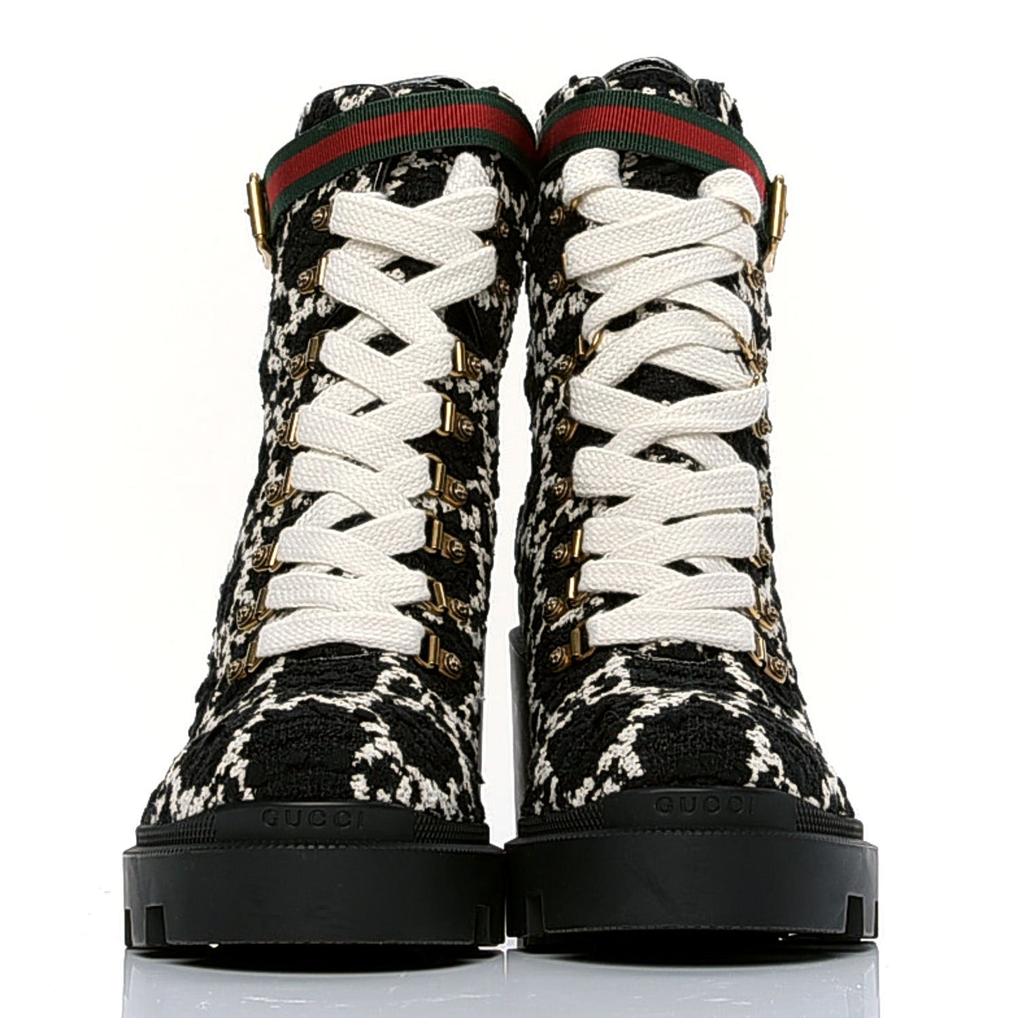 Tweed GG Monogram Lace Up Combat Ankle Boots 41 Black