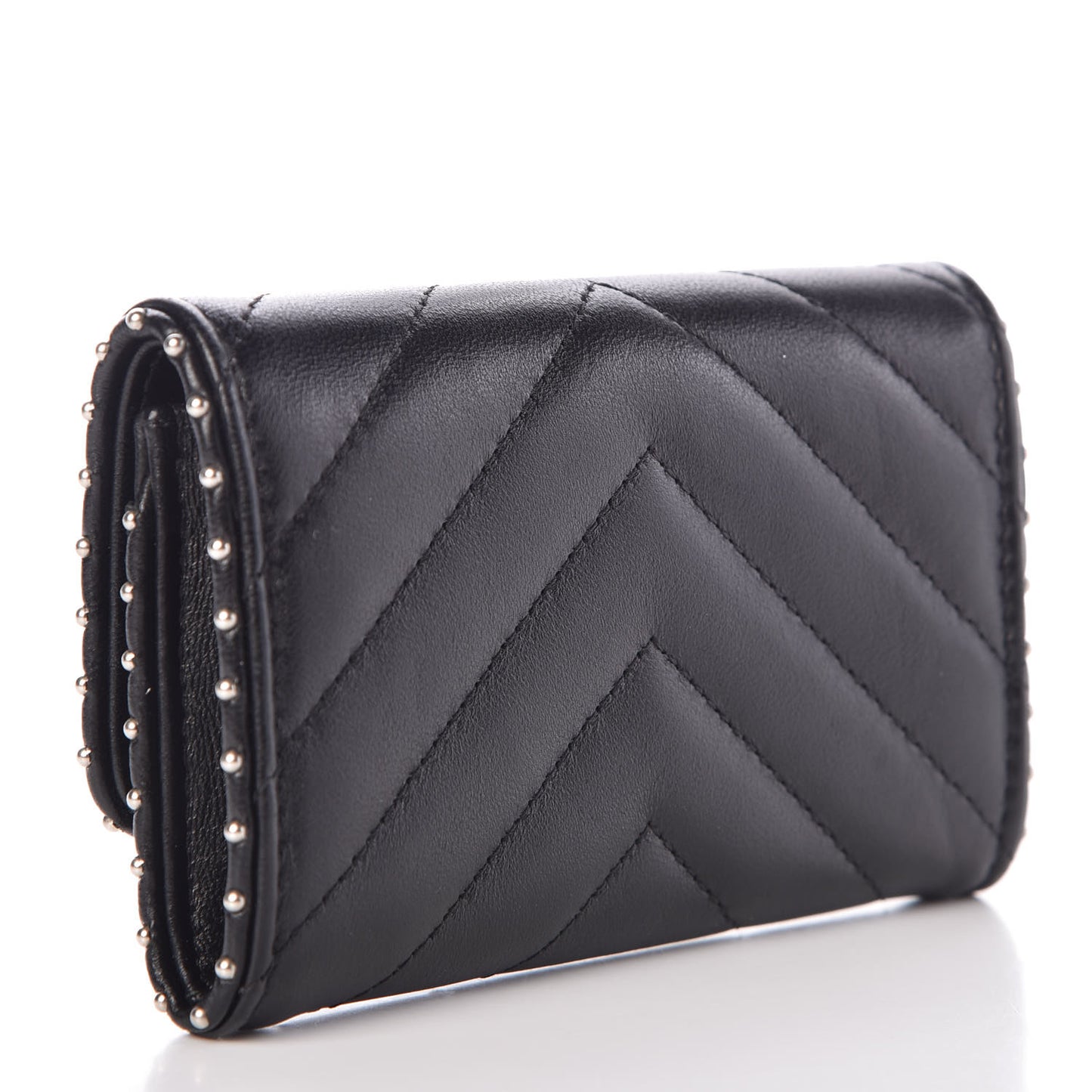 Lambskin Chevron Quilted Studded Card Holder Black