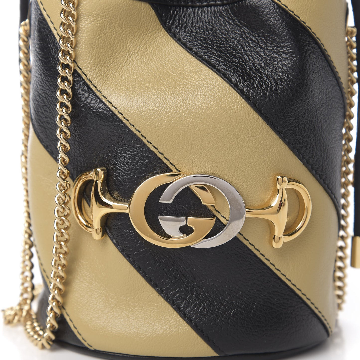 Calfskin Diagonal Striped Mini Zumi Bucket Bag Black Beige