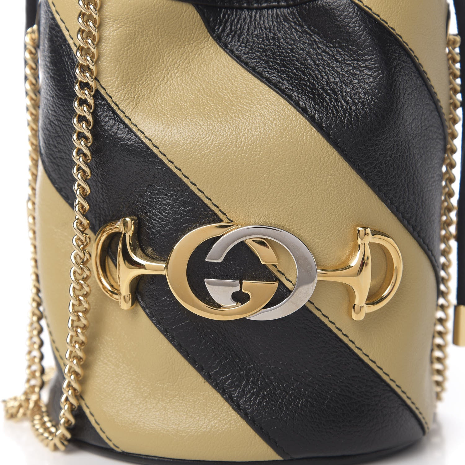 Gucci Calfskin Diagonal Striped Mini Zumi Bucket Bag Black Beige 8 of 9