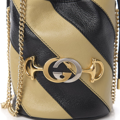 Gucci Calfskin Diagonal Striped Mini Zumi Bucket Bag Black Beige 8 of 9
