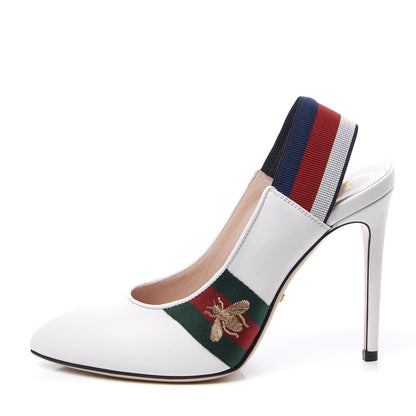 Gucci Malaga Kid Web Sylvie High Heel Slingback Pumps 37 White 1 of 12
