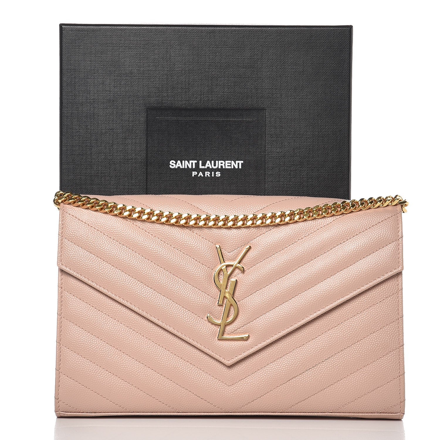 Saint Laurent Grain De Poudre Matelasse Chevron Monogram Chain Wallet Pale Blush 12 of 12
