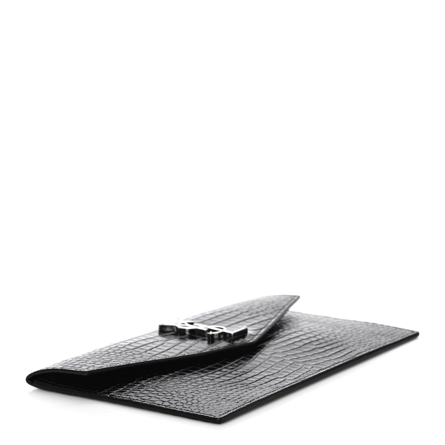 Saint Laurent Calfskin Crocodile Embossed Uptown Monogram Clutch Black 4 of 10