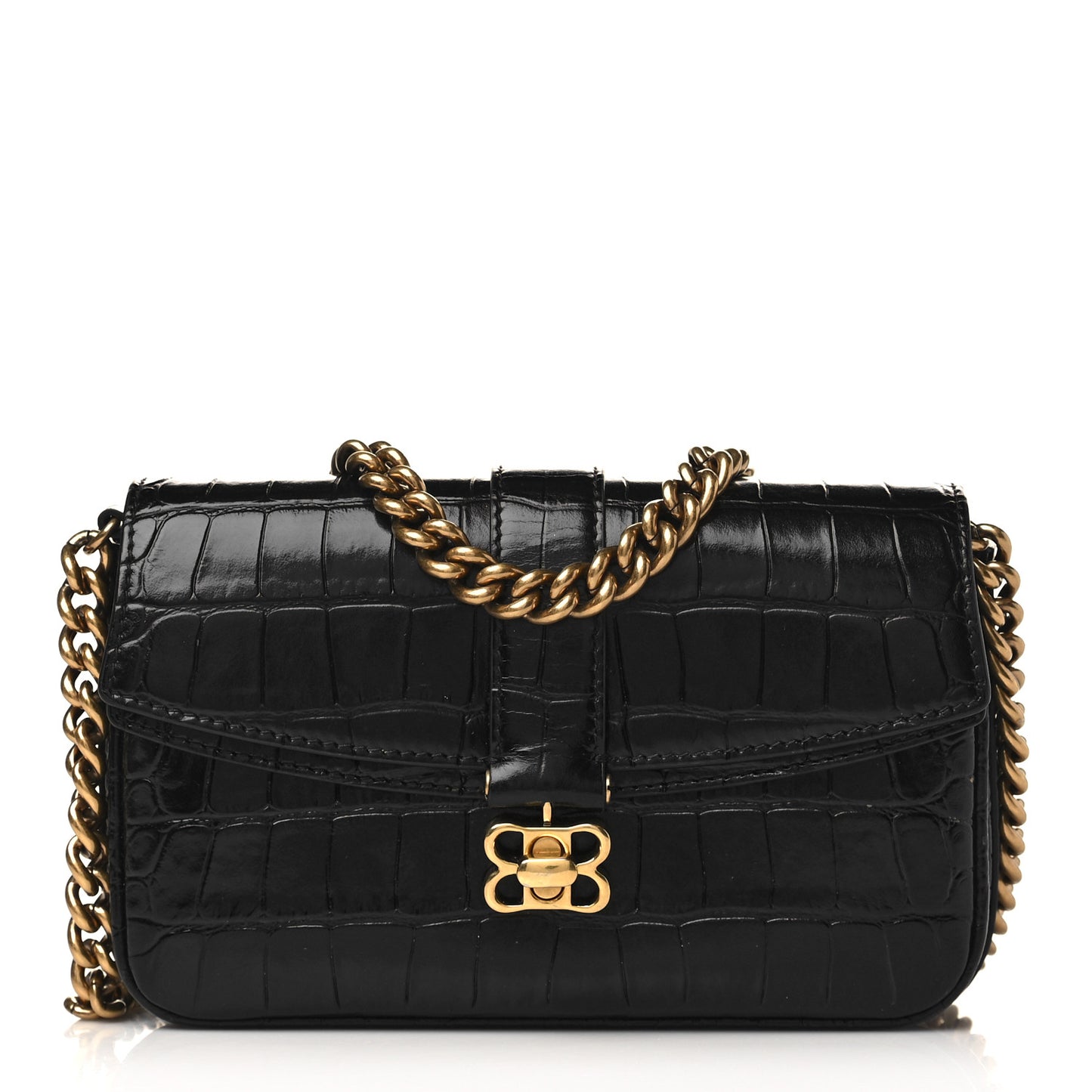 Shiny Super Supple Calfskin Crocodile Embossed Minister Flap Bag XS Black