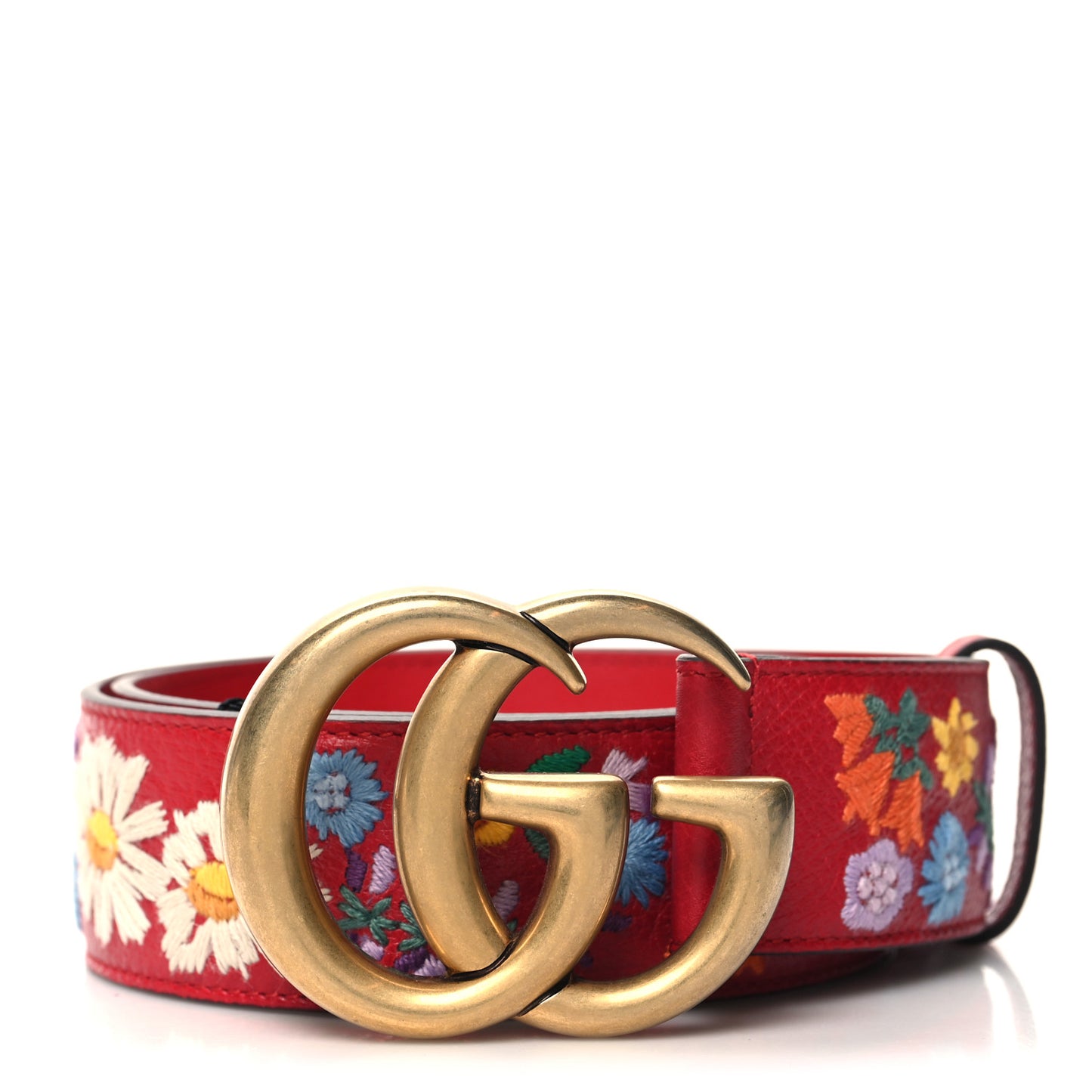 Textured Calfskin Flower Embroidered Double G 40mm Belt 75 30 Hibiscus Red