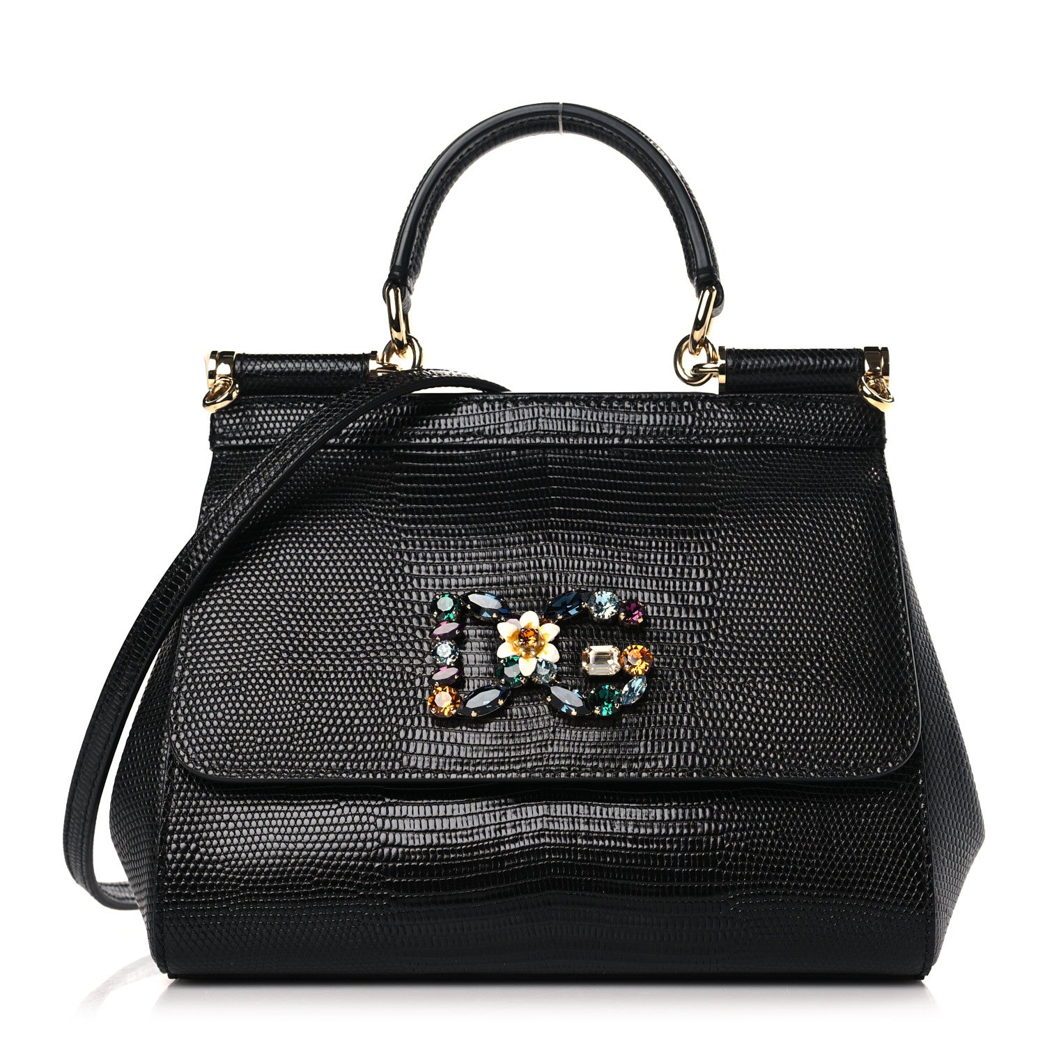 Dolce & Gabbana Stampa Iguana Crystal Small Miss Sicily Satchel Black 1 of 8