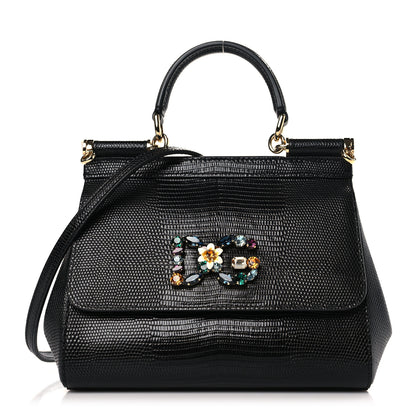 Dolce & Gabbana Stampa Iguana Crystal Small Miss Sicily Satchel Black 1 of 8