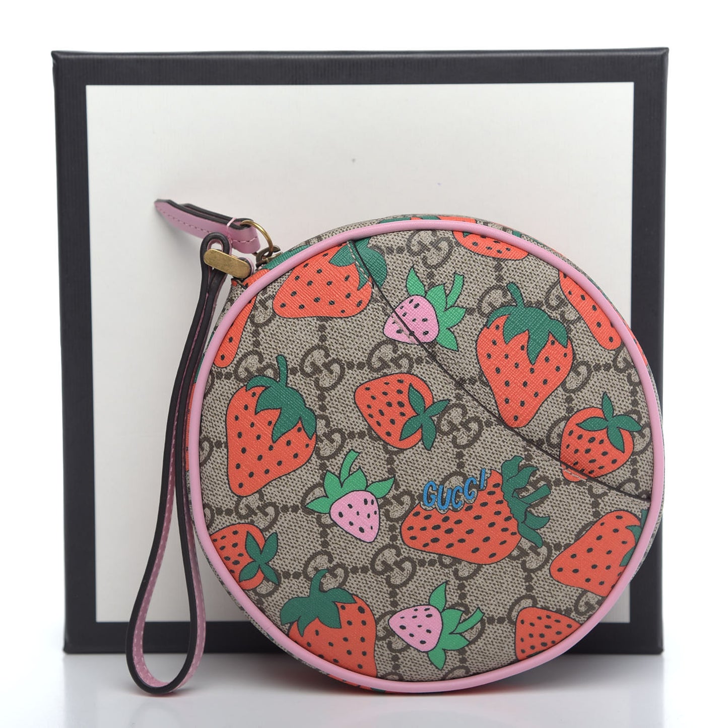 GG Supreme Monogram Strawberry Round Wrist Wallet