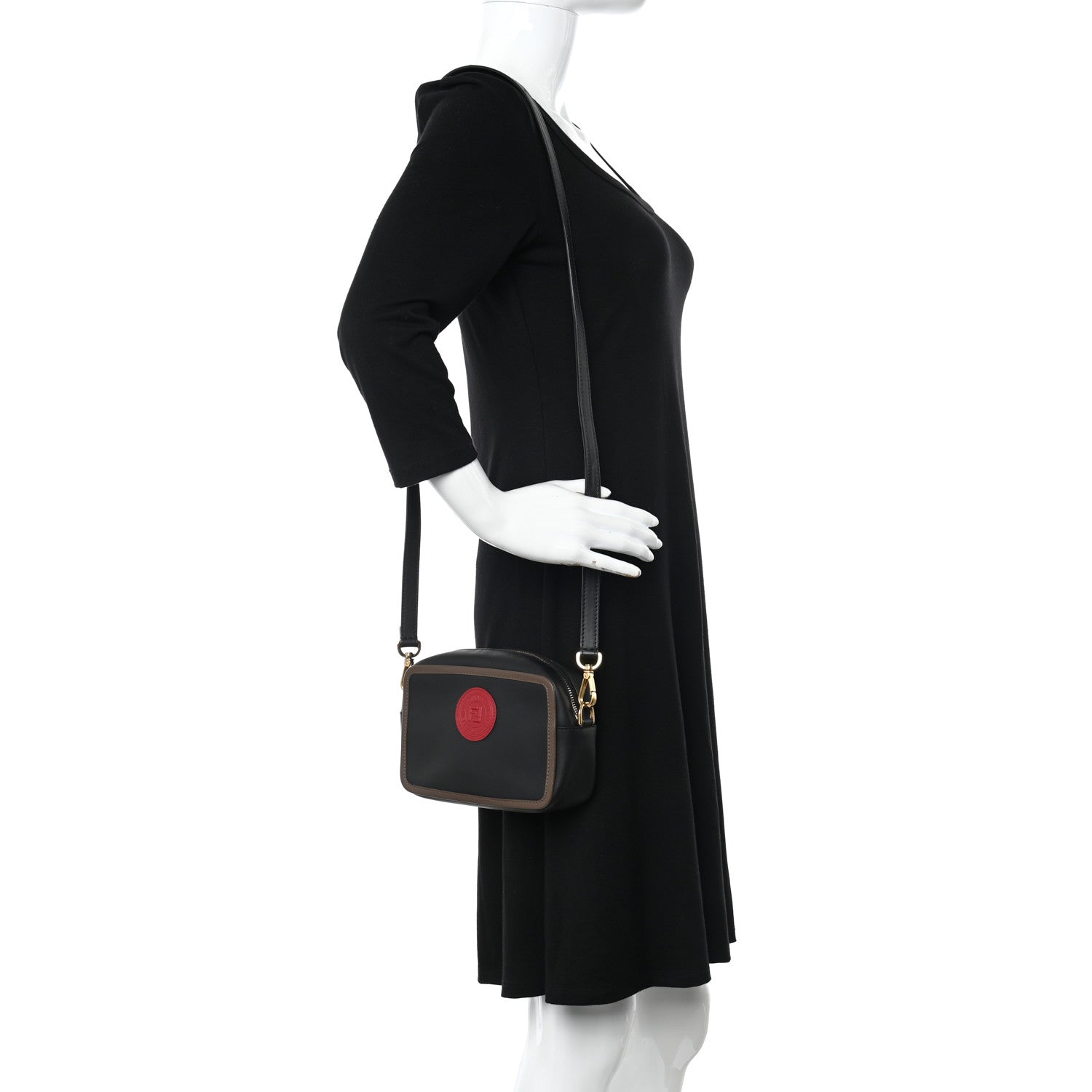Fendi Vitello Century Matte Stamp Patch Bi-Color Mini Camera Case Black Maya Fragola 2 of 9