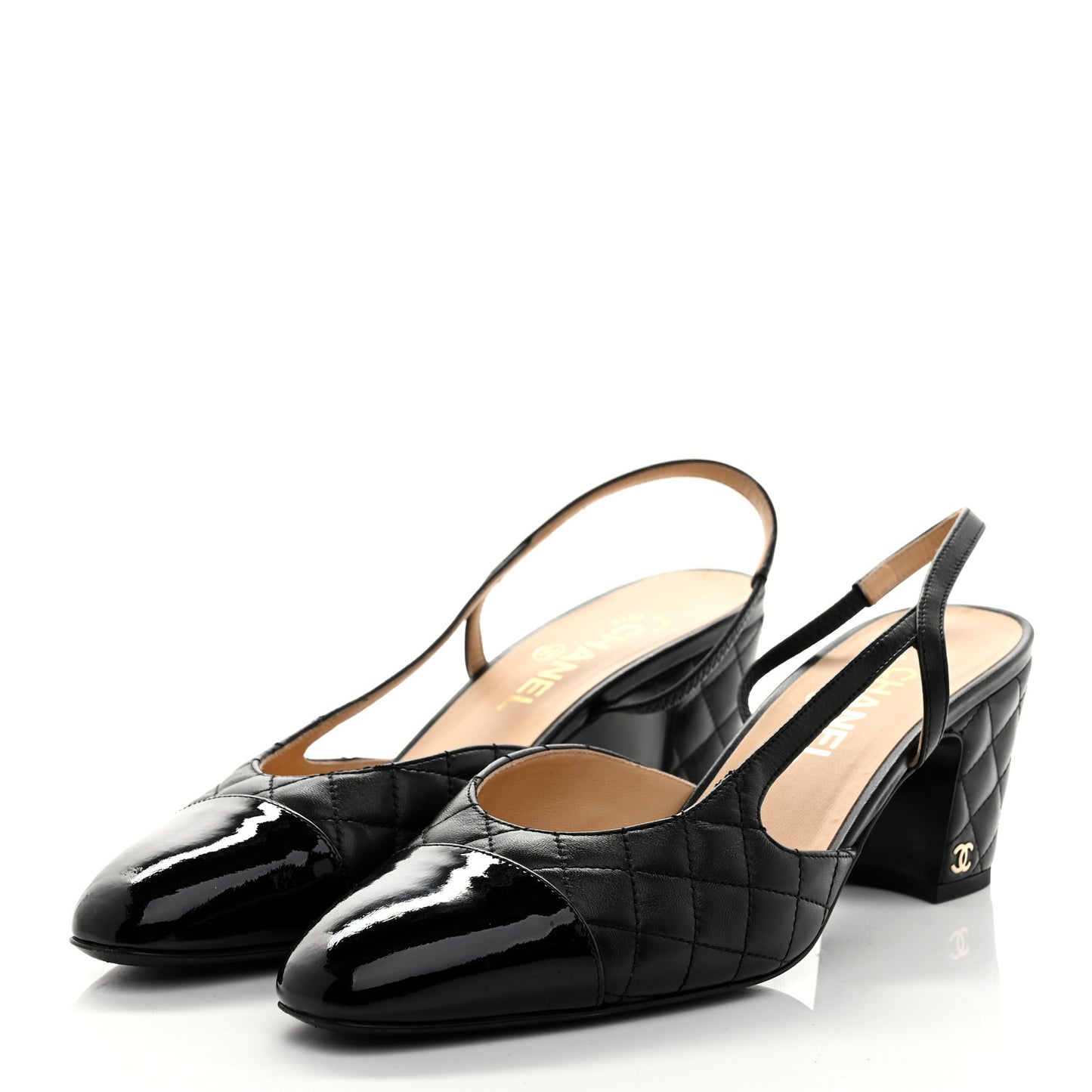 Lambskin Patent Calfskin Quilted Cap Toe CC Slingback Pumps 41 Black